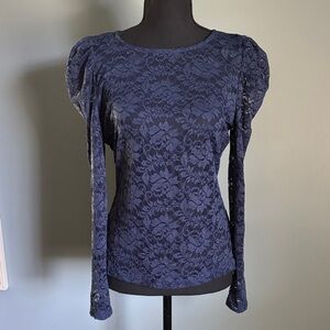 Lace Mesh Puff Sleeve Fitted Blouse